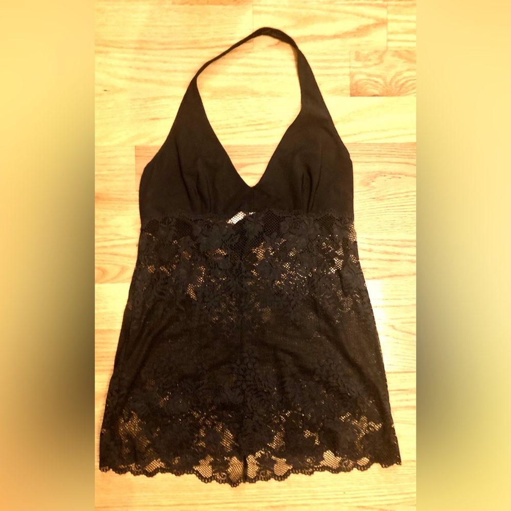 Victoria’s Secret Black Nylon Lace Halter Dress Nightgown